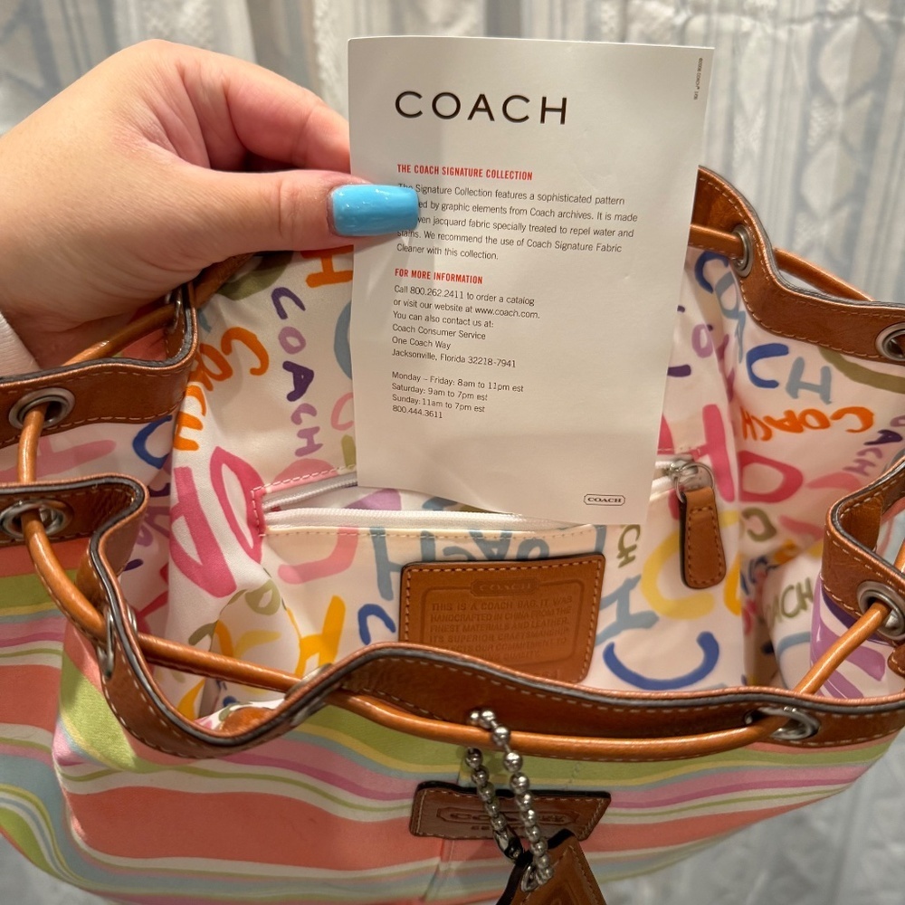Y2K VTG Coach Pastel Multicolor Stripe Drawstring Backpack Leather  F13554 - Picture 6 of 8